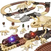 OR OR TU Dinosaur Toys Race Track, 188 PCS Dinosaur Train Set for Kids 3-5 5-7, 2pcs Dinosaur Car with Light, 8pcs Dinosaur Fossil Skeletons for Toddlers
