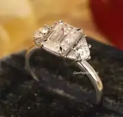 Classic 4 Ct Emerald Cut Moissanite Three Stone Engagement Ring 14K White Gold