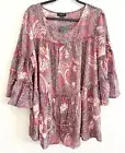 Cocomo Woven Peasant Top Blouse Shirt Boho Career Paisley Dark Mauve Plus 1X