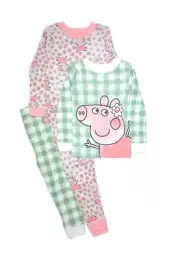 Peppa Pig Toddler Girl's Checkered and Floral Print 4-Piece Pajama Set