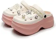 [NIFFTORIA] Women's Platform Clogs Gardener Slip On Slides Shoes Mules Hight Heels Beach Sandals with Pearl Accessories