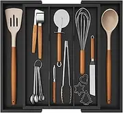 Lifewit Utensil Organizer for Kitchen Drawer, Expandable Cooking Utensil Tray, Bamboo Cutlery Silverware Flatware Holder, Adjustable Spatula Tools and Gadgets Storage Divider, Large, Black