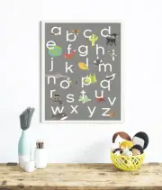 Nature Themed, Grey Nursery Decor, Wall Art Print, English Alphabet Children's