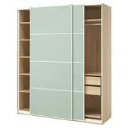 PAX / MEHAMN wardrobe with sliding doors, white stained oak effect/double sided light green, 200x66x236 cm