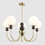 BOKT Modern Glass Chandelier Vintage Globe Pendant Light Gold Wooden 5-Light Semi Flush Mount Ceiling Light Fixture Kitchen Island Sputnik Chandeliers for Living Room Dining Room Restaurant