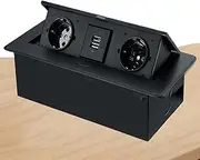 Table Socket, Pop-Up Socket, with 2 EU Sockets and 2 USB Ports, 45° Opening and Closing the Flap, Waterproof, Dustproof, Rounded Corner Design, for Office Computer Desks, Black