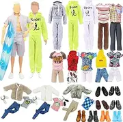 19 PCS Clothes for Ken Doll Winter Cloth Including 1 Winter Coat 4 Casual Outfits ( 4 Tops and 4 Pants ) 1 Sport Set 6 Pair Shoes 1 Glasses 1 Surfboard for 12 Inch Ken Dolls for Girls