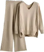 [UIOKLMJH] Autumn Winter Ladies Knitted Set V-Neck Side Split Pullovers Elastic Waist Wide Leg Pants Women 2 Pieces Sweater Set
