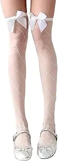 [Oxtxuzdm] Womens Sheer Thigh High Silk Stockings with Elegant Bows Designs Argyle Pattern Over Knee Long Socks for Spring and Fall