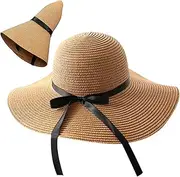 [Jualyue] Womens Straw Hat Adjustable Sun Hats Summer Wide Brim Hat UPF 50+ Foldable Roll up Floppy Straw Beach Hat for Camping Hiking Summer Outdoor Use
