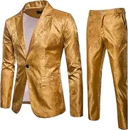 [JEShifangjiusu] Mens Shiny Sequins Blazer Floral Slim Fit Suit Jacket Stylish Tuxedo for Wedding, Prom, Banquet with Set Pants, Yellow, XXL