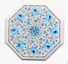 Octagon Marble Coffee Table Top Turquoise Gemstone Inlay Work Lawn Corner Table