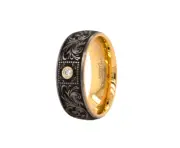 Tungsten Gold Plated Ring, Victorian Style Engravings and Round Cut Diamond