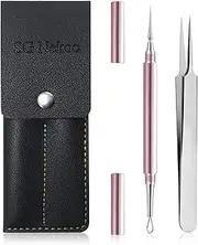 SGNEKOO Professional Facial Milia Removal Tool and Whitehead Extractor,Titanium Alloy Double Ended Needle and Steel Tweezers Kit,Blackhead,Blemish,Zit and Pimple Acne Remover Popper (Stainless Pink)
