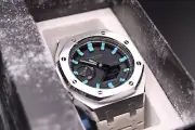Custom silver casioak g-shock ga-2100 1a1 watch - blue & silver