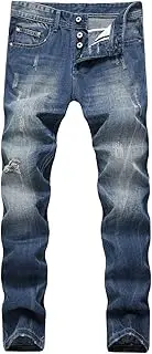 [Generic] Men's Retro Button Fly Jean Trousers Ripped Straight Denim Jeans Skinny Hole Distressed Stretch Denim Pants