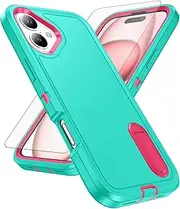 Asuwish Phone Case for iPhone 16 Plus 6.7 inch with Screen Protector Cell Cover Hybrid Hidden Stand Rugged Shockproof Hard Heavy Duty Protective i Phone16 16+ i16 + 16Plus Women Men (Cyan+Rose Red)
