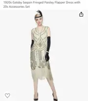 Flapper Dress 1920’s Sequin Beaded Fringed Accessories Set XL Gold