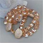 LAnGSHAW 3 Strands Faceted Cube Shape Champagne Crystal Bead Bracelet 8"