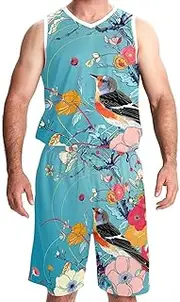 [KQNZT] Basketball Jersey and Shorts, Outfit Tank Top Track Shorts, Hip hop Clothing for Party, Retro Art Bird Floral Flower