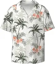 [HVTTIOR] Tropical Palm Trees Print Short Sleeve Shirt Cuban Collar Beach Casual Style Summer Vacation Relaxed Fit