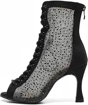 [HROYL] Women Peep Toe Mesh Lace up Ankle Boots Rhinestone Latin Ballroom Salsa Dancing Heels Boots,DS-7180