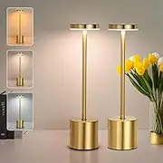 2 Pack Golden Rechargeable Table Lamp - Portable Cordless Table Light with 4000mAh Battery, 3 Colors Battery Operated Touch Lamp - Wireless LED Table Lamp for Outdoor, Bedroom, Living Room,Camping Use
