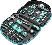 Amazon Basics Tool Set with Easy Carrying Round Pouch - 104-Piece, Turquoise