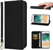 NanHou iPhone SE 3/SE 2020 Case Microfiber Leather RFID Blocking Wallet Magnetic Closure Kickstand Wrist Strap Card Holder Shockproof Flip iPhone 7/8 Cover - Black