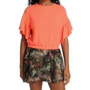 Alice + Olivia - Joline Ruffle Sleeve Crop Pullover - Deep Coral - Size Medium
