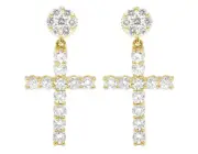 Ladies 10K Yellow Gold Real Diamond Flower Cluster Cross Dangle Earring 28MM ...