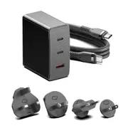 KFD 140W GaN USB-C Laptop Power Adapter/PD Wall Charger - 2x USB-C & 1x USB-A - US/EU/AU/UK Travel Plug - Compatible with MacBook Air/Pro, Asus, Acer, Lenovo, HP, Dell, Toshiba - Black [QA15-2-TYPE-C]