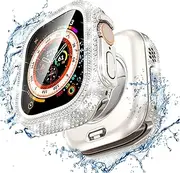 [2-in-1] LETOID Waterproof Case for Apple Watch Ultra/Ultra 2 Screen Protector 49mm, Women Bling Diamond Front Hard Glass Protective Case with Back Bumper Cover Accessories for iWatch