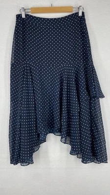 Portmans Navy Polka Dot Asymmetric Skirt Size 12 NWT – Flowy Hem, Lined, Midi
