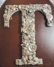 OOAK Silvertone Letter T Repurposed Jewelry, Handmade Wall Decor
