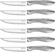HISSF Serrated Steak Knives, Stainless Steel Sharp Blade Flatware Steak Knives Set of 6, Unique Hammered Pattern Hollowed Handle,4.5 in,for Kitchen Restaurant Tableware, Dishwasher Safe