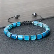 Blue Cylinder-Shaped Braided Bracelet Round Black Gallstone Spacer Agate Bangle