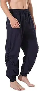 [Angbater] Men's Elastic Waist Drawstring Long Harem Pants Solid Color Casual Loose Lace-Up Trousers Hippie Boho Yoga Pants
