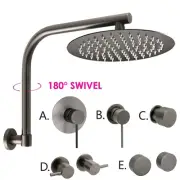 Gun Metal Grey 250mm Round Rain Shower Head Gooseneck Wall Arm Set Mixer Tap