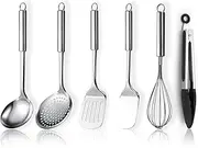 ReaNea Stainless Steel Cooking Utensils Set 6 Pieces, Kitchen Tools Set Include Metal Spatula Set, Skimmer, Ladle, Tong, Whisk, Kitchen Gadgets Essentials New Home Must Have