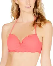 Women's Sundazed Ava Textured Ruffle Edge Bow Bikini Swimsuit Top Coral Size 36B