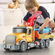 Kids Toys for 3 4 5 6 7 Years Old Boys, 15" Large Tow Truck Toy,Friction Powered Transport Truck Crane Toy with Lights and Sounds,with Roadster,Toddlers Gifts