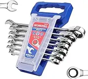 WORKPRO Combination Wrench Set, Metric, 7-piece Ratcheting Combination Wrench Set, 8mm, 10mm, 11mm, 12mm, 13mm, 14mm, 17mm, 12-Point, CR-V Steel, with Organizer Rack