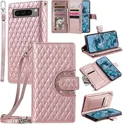 [Furill] Phone Case for Google Pixel 8 Pro 5G Wallet Cover with and Detachable Crossbody Wrist Strap Shoulder Strap 9+ Card Slots Zipper Purse Leather Stand Cell Pixel8Pro Pixel8 XL Eight 8Pro Pink