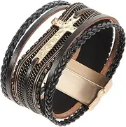 [COLLBATH] Leather Cross Bracelet Multi-layer Braiding Women's Trendy Magnetic Clasp Bracelet Stylish Pu Leather Wristband