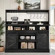 YITAHOME 52" Farmhouse Coffee Bar Cabinet with Storage, Buffet Cabinet with Goblet Holder, 5 Hooks, Power Outlets, Sideboard Cabinet with Sliding Barn Doors for Kitchen & Living Room (Black Oak)