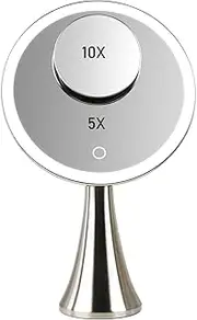 9inch Lighted Round Makeup Vanity Mirror, 5X/10X Dual Magnification with Ultra Bright LED Lights Beauty Mirror, Rechargeable, Cordless, Touch Control Adjustable Brightness, Brushed Stainless Steel