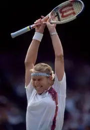 Steffi Graf of Germany celebrates after defeating Arantxa Sanchez - Old Photo 2