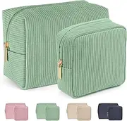 [MAGEFY] 2PCS Makeup Bags for Women Small Cosmetic Bag for Purse Corduroy Makeup Pouch Travel Makeup Bag with Metal Zipper Make Up Bag for Travelling (Green)