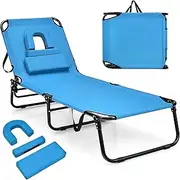 Giantex Reclining Camping Lounger Chair w/5 Adjustable Positions, Convenient Face Hole, 3 Detachable Pillow & Hand Ropes, Outdoor Foldable Sun Lounger Bed for Beach Patio Poolside & Lawn (Blue)